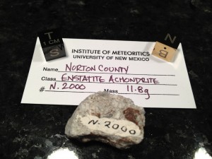 Norton County, Kansas  with Institute of Meteoritics University of New Mexico number N2000.  Fell February 18, 1948 Enstatitie Achondrite  TKW 1.1 tons