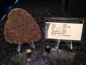 Slaton, Lubbock County, Texas L4 meteorite with a low total known weight.  This is a large slice to only weigh 29.35 grams.  It was sliced really thin and this chondrules really pop on this polished side.   